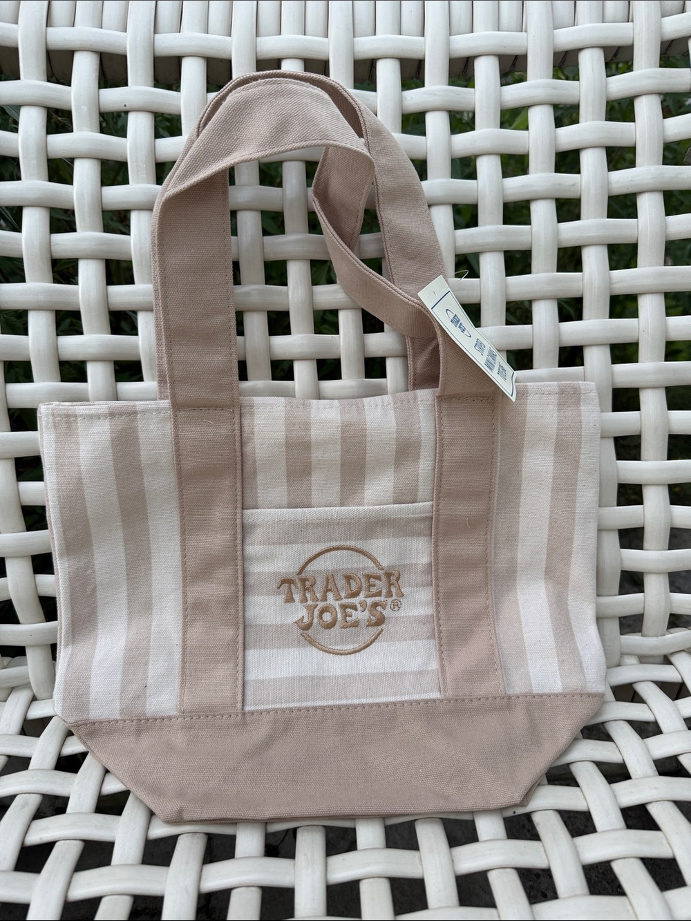 Trader Joe’s Mini Tote Bag taupe tan beige stripe new with tag